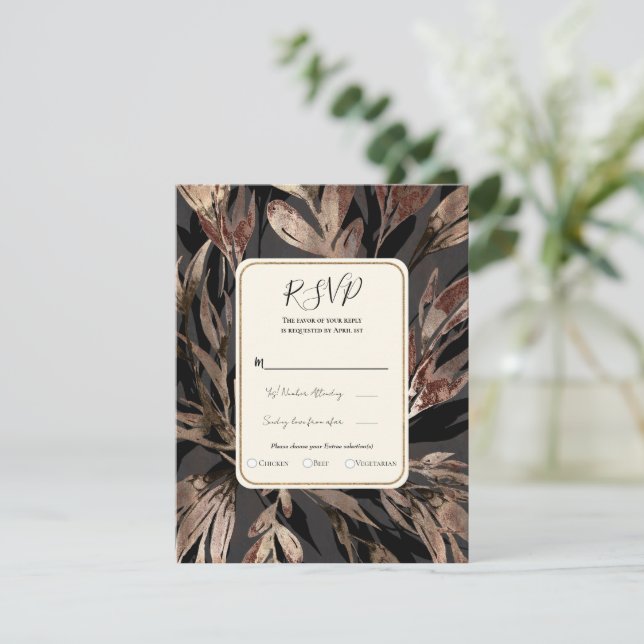 Bold Bronzy Floral Botanical Chic Wedding RSVP Einladung (Stehend Vorderseite)