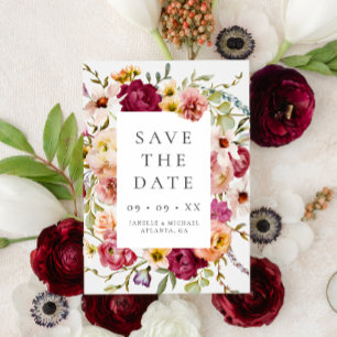 Bold Burgundy Floral Foto Wedding Save The Date
