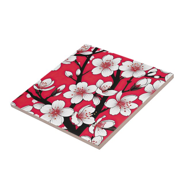 Bold Cherry Blossom Illustration on Red Fliese (Seite)