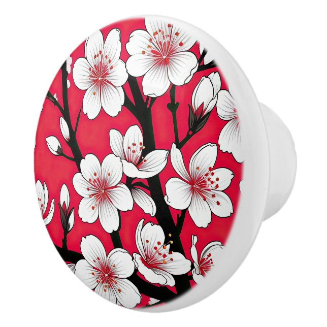 Bold Cherry Blossom Illustration on Red Keramikknauf (Rechts)