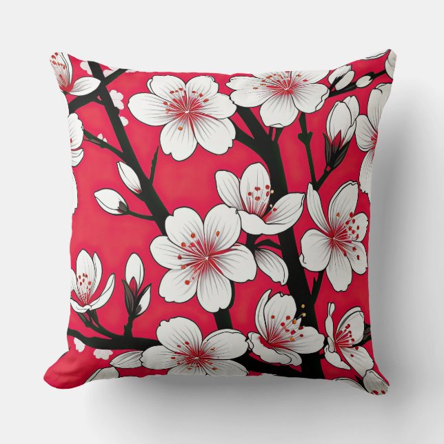 Bold Cherry Blossom Illustration on Red Kissen (Vorderseite)