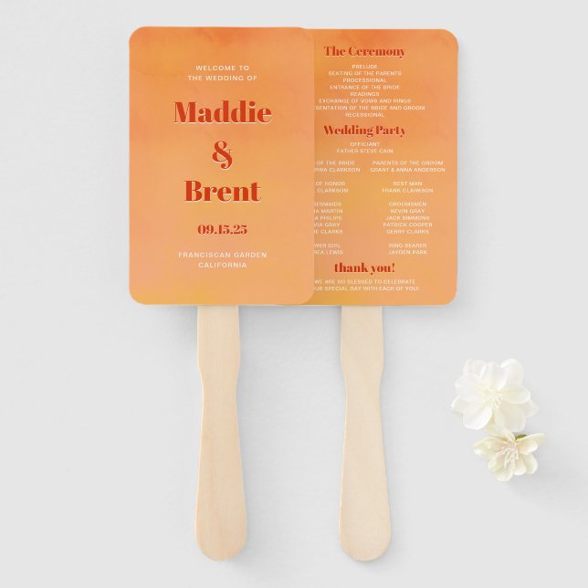 Bold Chic Orange Watercolor Sunset Wedding Program Fächer (Vorne und Hinten)