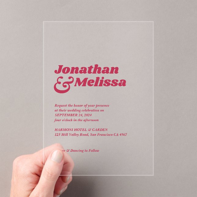 Bold Chic Retro Hot Pink Typografy Wedding Acryleinladungen (Insitu (Handheld))