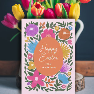 Bold Colorful Florals Stylish Easter   Orange Egg  Feiertagskarte
