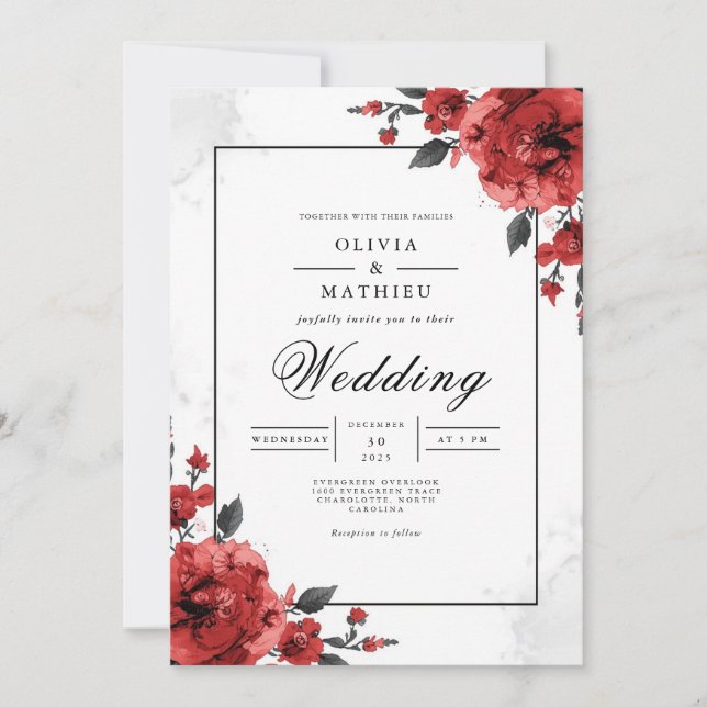Bold Crimson Floral Wedding Einladung (Vorderseite)