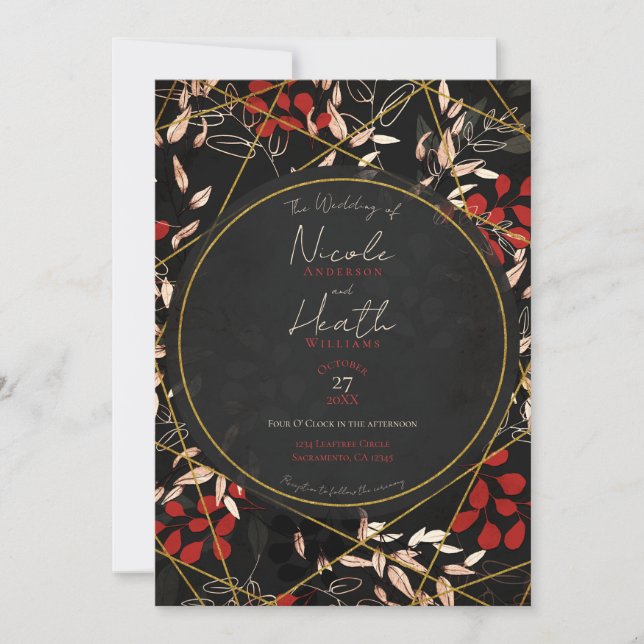 Bold Dark Floral Red Black Gray Gold Wedding Einladung (Vorderseite)
