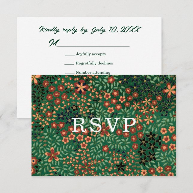 Bold Dark Green Red Floral Textile Wedding Meal RSVP Karte (Vorne/Hinten)