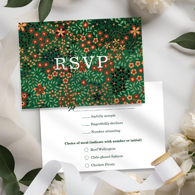 Bold Dark Green Red Floral Textile Wedding Meal RSVP Karte (Von Creator hochgeladen)