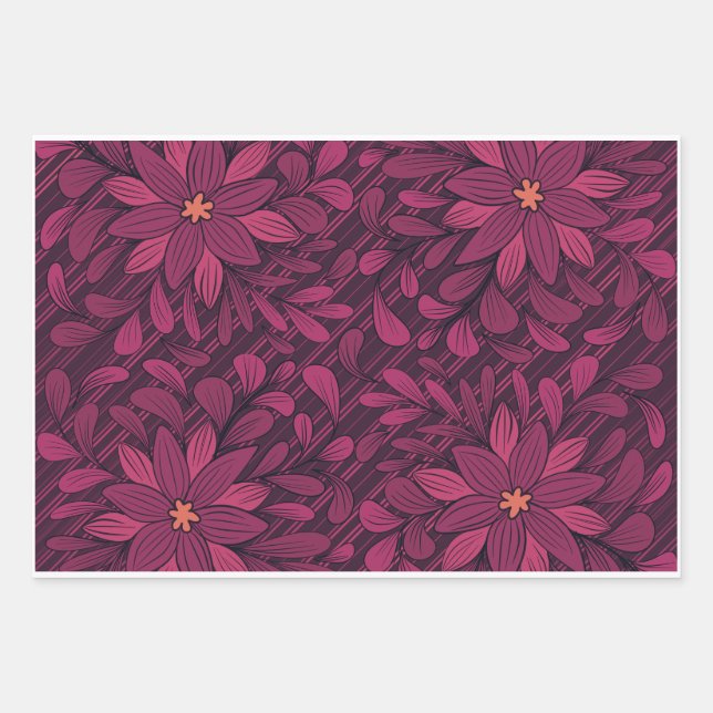 Bold Dark Magenta Floral Pattern Wrapping Paper Geschenkpapier Set (Vorderseite)