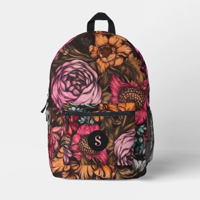 Bold Dark Vintag Florals Magenta Monogram Bedruckter Rucksack (Vorderseite)