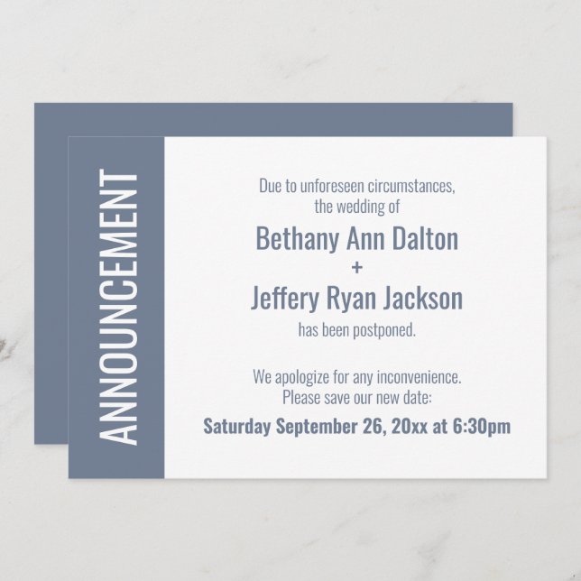 Bold Dusty Blue Postponed Wedding Announcement Einladung (Vorne/Hinten)