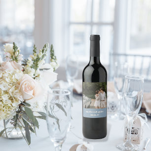 Bold Dusty Blue Retro Custom Wedding Foto Weinetikett