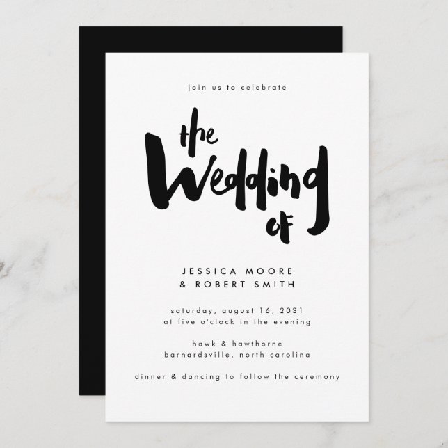 Bold Edgy Modern Black Brush Script Hochzeit Einladung (Vorne/Hinten)