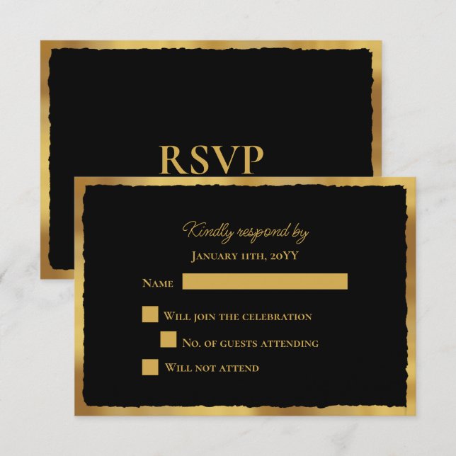 Bold Elegance Luxe Gold Edge Black Wedding RSVP (Vorne/Hinten)