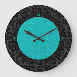 Bold Elegant Black And Turquoise Floral Damasks Große Wanduhr
