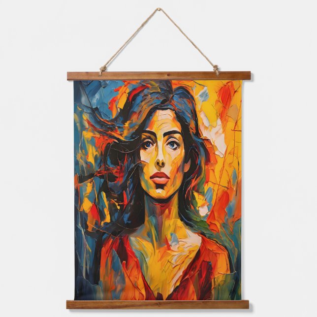 Bold Expressionist Woman Abstrakt Portrait Art Wandteppich Mit Holzrahmen (Vorderseite)