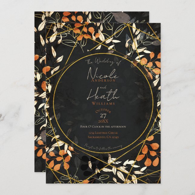 Bold Fall Dark Floral Orange Gold Wedding Einladung (Vorne/Hinten)