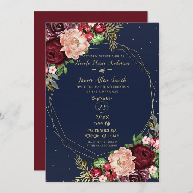 Bold Fall Floral Navy Blue Gold & Burgundy Wedding Einladung (Vorne/Hinten)