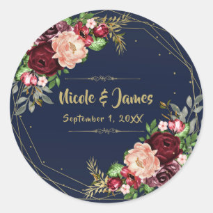 Bold Fall Floral Navy Blue Gold & Burgundy Wedding Runder Aufkleber
