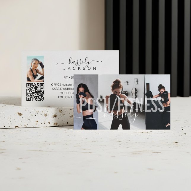 Bold Fitness Trainer Foto Collage Script Name QR Visitenkarte (Bold Fitness Trainer Photo Collage Script Name QR Business Card)