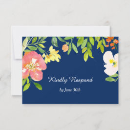 Bold Floral Border Navy Blue Wedding RSVP Karte