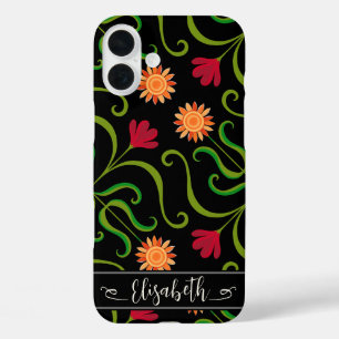 Bold Floral Damask Sonnenblume Boho Schwarzes Volk iPhone 16 Plus Hülle
