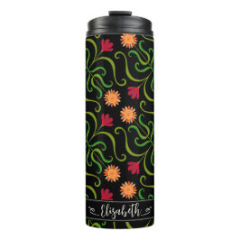 Bold Floral Damask Sonnenblume Boho Schwarzes Volk Thermosbecher