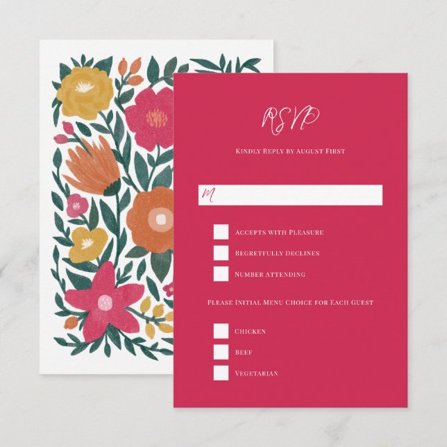 Bold Florals Magenta Orange Wedding RSVP Karte (Vorne/Hinten)