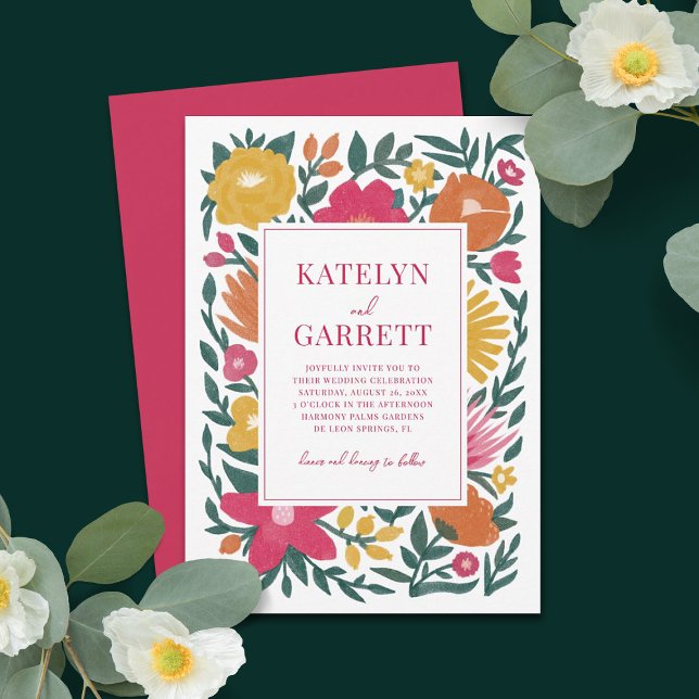 Bold Florals Magenta Orange Yellow Wedding Einladung (Von Creator hochgeladen)
