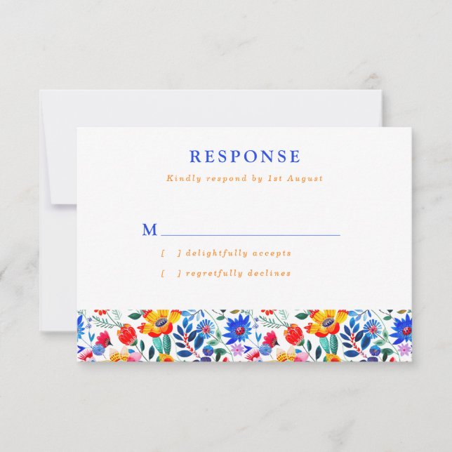 Bold Folk Floral Fiesta Wedding RSVP Karte (Vorderseite)