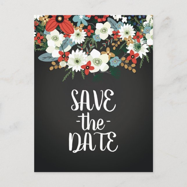 Bold Funky Floral Dark Chic Wedding Save the Date Ankündigungspostkarte (Vorderseite)