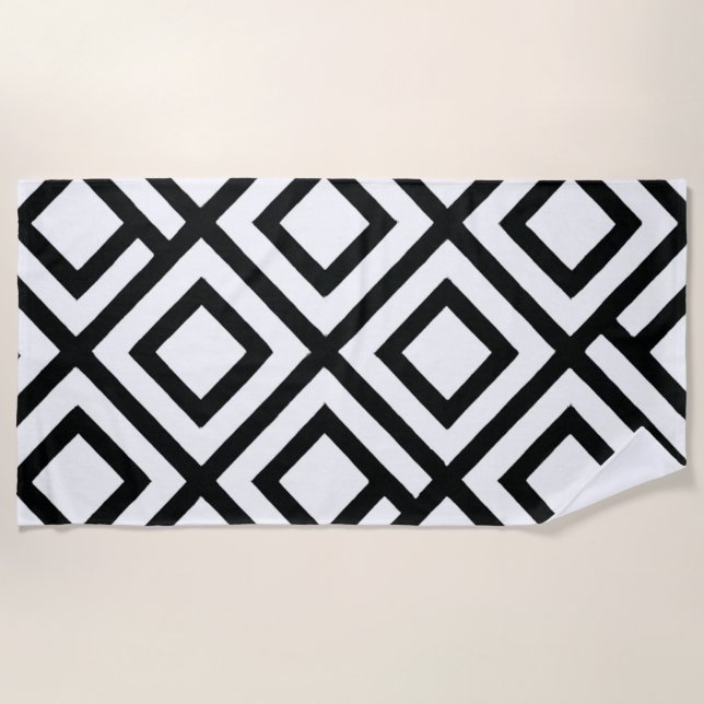 Bold Geometric Diamond Schwarz-weißes Muster Strandtuch (Vorderseite)