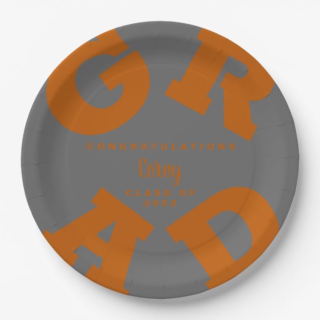 Bold GRAD Burnt Orange auf grauem Abschluss Pappteller (Vorderseite)