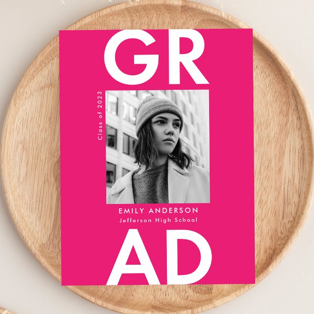 Bold Grad Hot Pink Photo Graduation Party Einladungspostkarte (Von Creator hochgeladen)