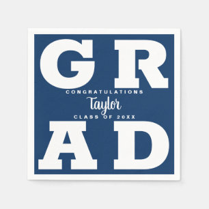 Bold GRAD White on Blue Graduation Party Serviette