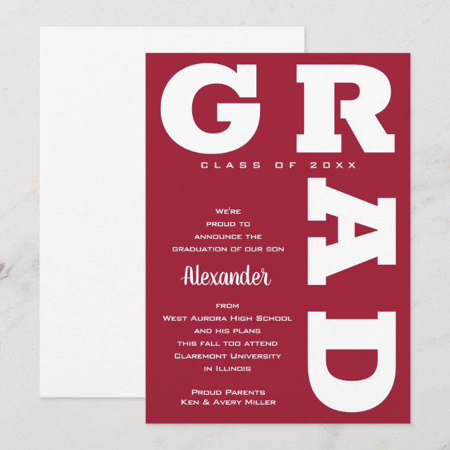 Bold GRAD White über Crimson Red Abschluss Ankündigung (Vorne/Hinten)
