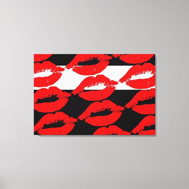 Bold Graphic Mouth Kiss Red Lip Print Schwarz-weiß Leinwanddruck (Vorderseite)