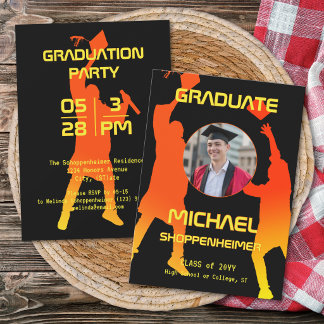 Bold Graphic Orange Black Graduation Party Photo Einladung