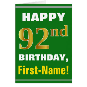 Bold, Green, Faux Gold 92nd Birthday w/ Name Card