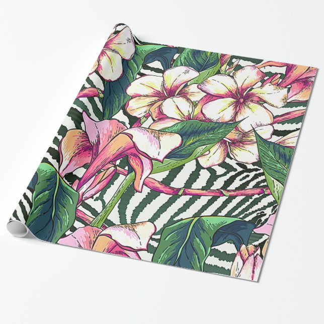 Bold HAWAIIAN Floral Monstera Blätter & Plumeria Geschenkpapier (Ungerollt)