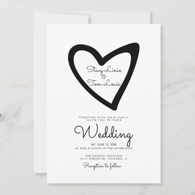 Bold Heart Slanted Gezeichnet Black Wedding Einlad Einladung (Vorderseite)