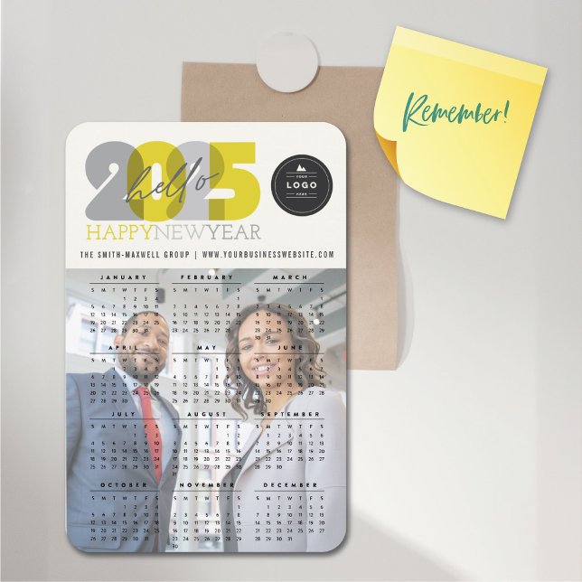 Bold Hello 2025 Calendar New Year Foto Magnet (Bold Hello Yellow Transparent 2025 Calendar New Year Photo Flexible Magnet @ fat_fa_tin)