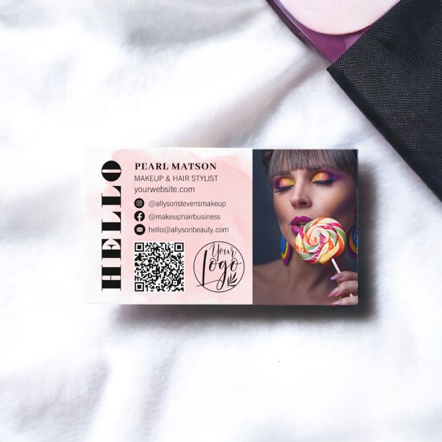 Bold hello Pinselstrich Qr Foto Logo Social Media Visitenkarte (Bold hello brushstroke Qr photo logo social media Business Card)