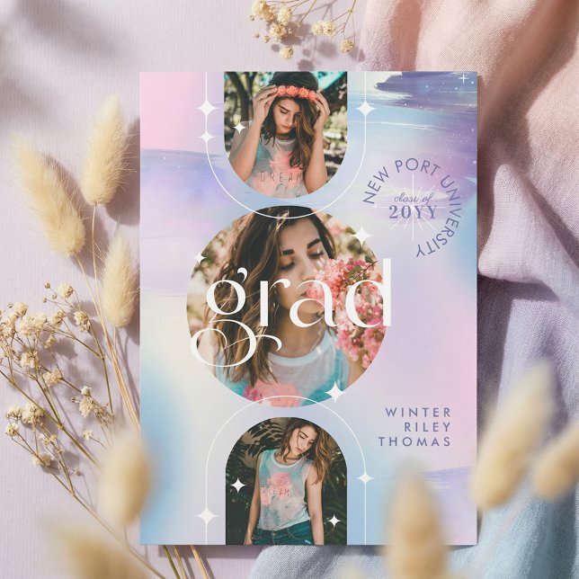 Bold Iridescent Watercolor Photo Grad Announcement Einladung (Iridescent Watercolor Photo Graduation Announcemen Invitation)