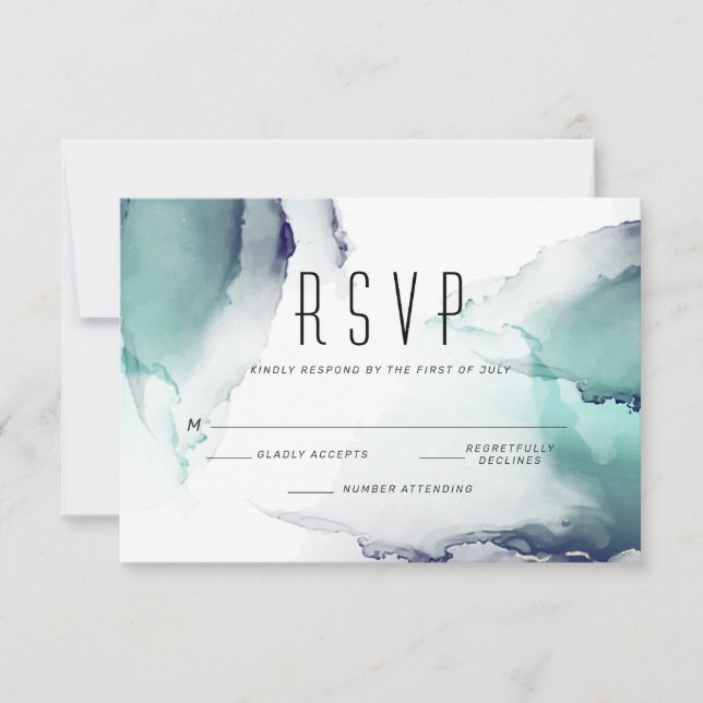 Bold Jade and Navy Blue Modern Fluid Ink RSVP Karte (Vorderseite)