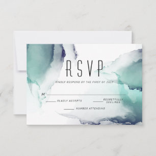 Bold Jade and Navy Blue Modern Fluid Ink RSVP Karte
