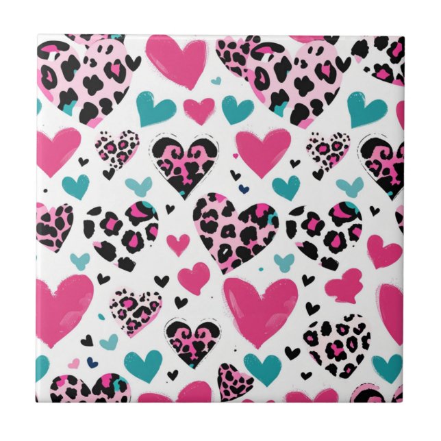 Bold Leopard Heart Love – Pink, Black & Teal (3) Fliese (Vorderseite)