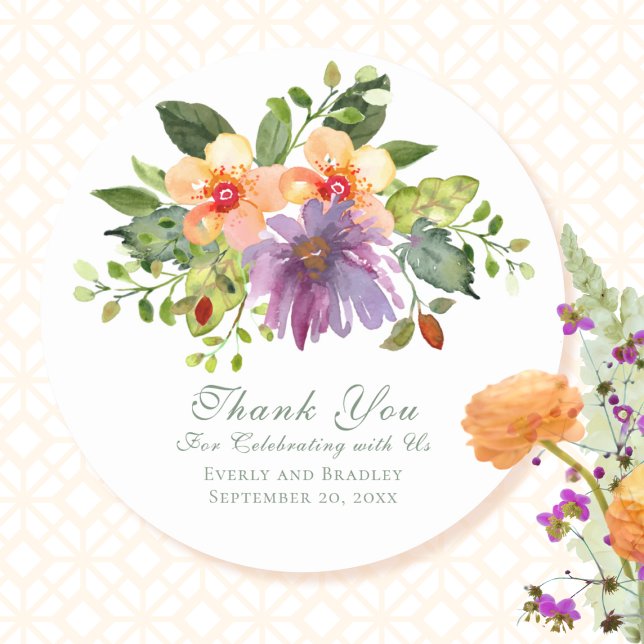 Bold Lila floral Green Peach Wedding Danke Runder Aufkleber (Von Creator hochgeladen)