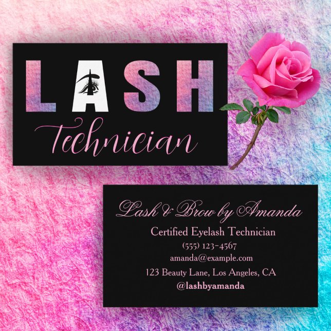 Bold Lilac Pink Lash Tech Design Black Background Visitenkarte (Von Creator hochgeladen)