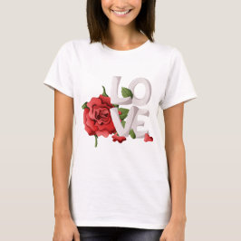 Bold Love Typography with Romantic Red Rose Leaves T-Shirt